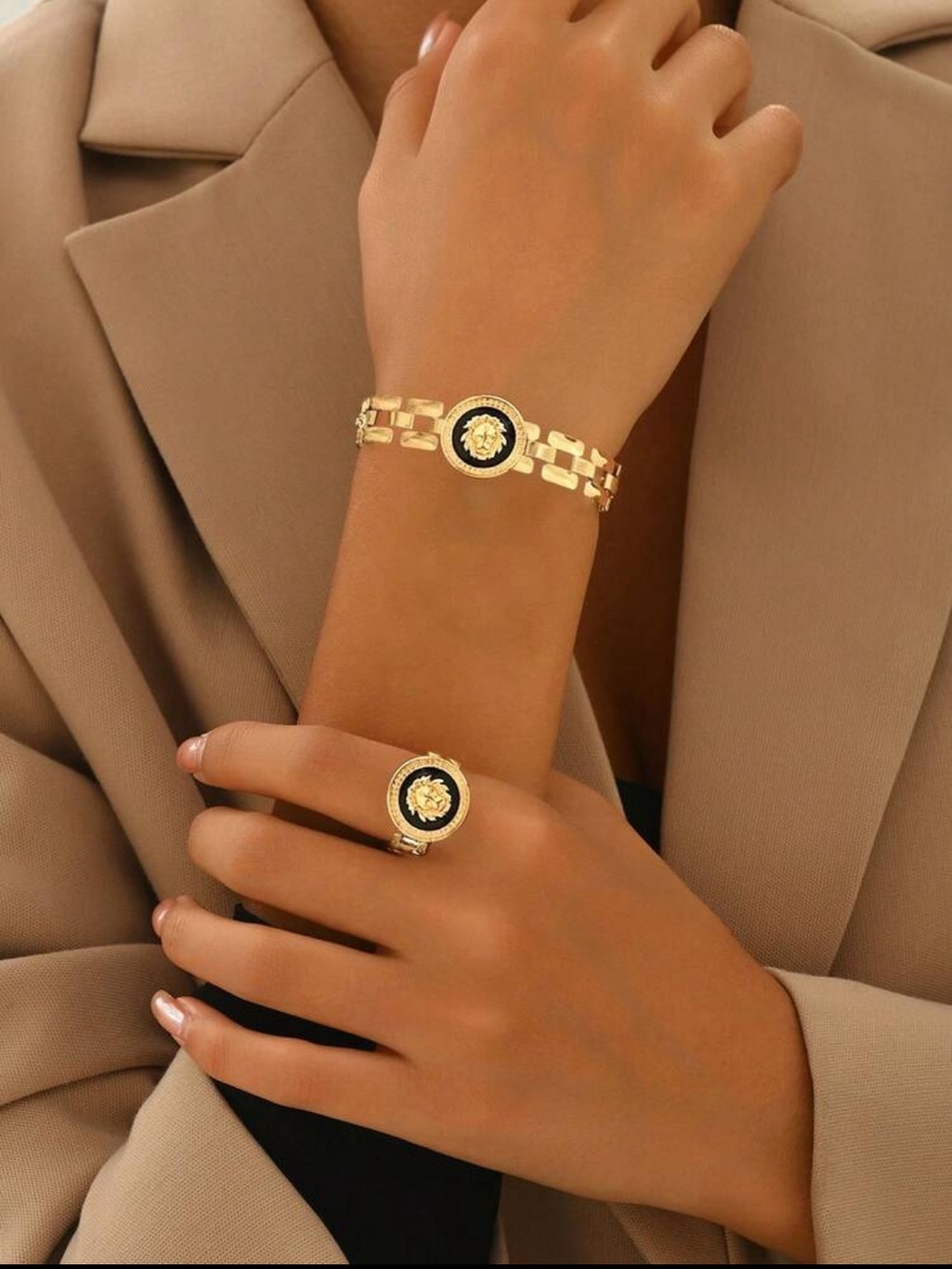 Gold Black Medallion Bracelet and Ring Set - Women Jewelry